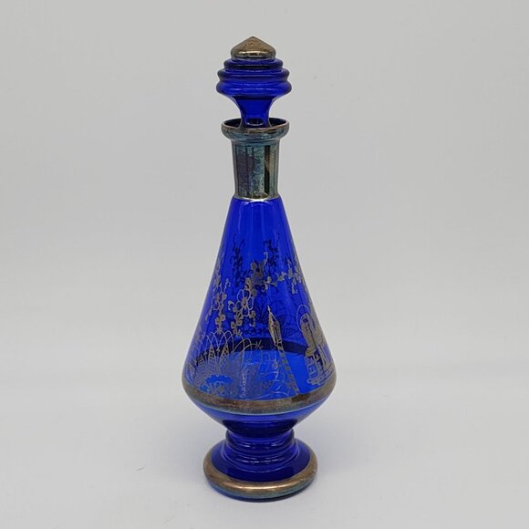 Cobalt Blue Silver Inlay Decanter Bar Set Barware PAX TIBI Angel Lion MCM Vintag - Picture 6 of 8